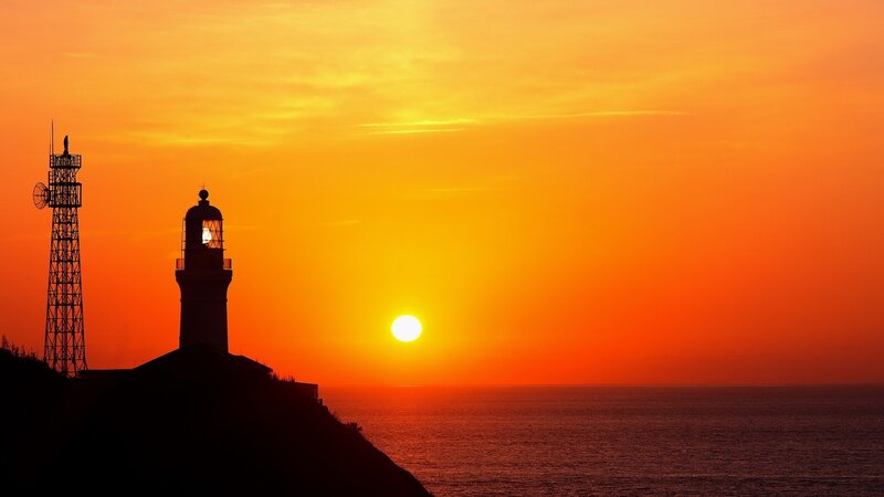 Lighthouse at Sunset — Orange, Dramatic, Photograph, Sun, Ocean, Tower, Yellow, Red