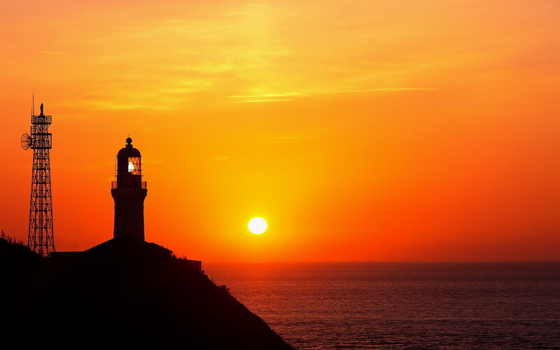 Lighthouse at Sunset — Orange, Dramatic, Photograph, Sun