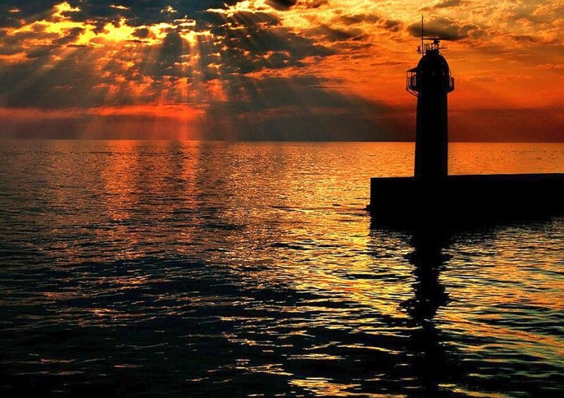Lighthouse at Sunset — Orange, Dramatic