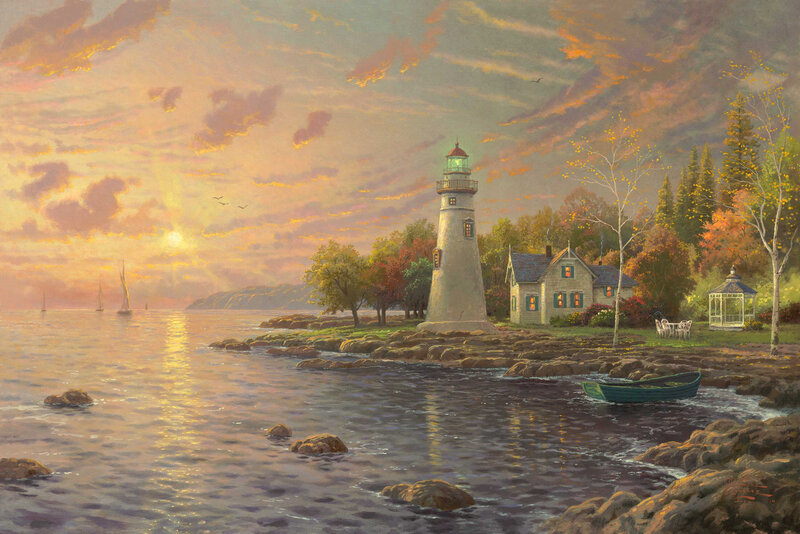 Lighthouse at Sunset — Orange, Serene, Painting, House