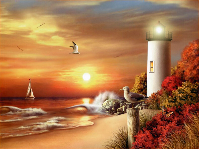 Lighthouse at Sunset — Orange, Serene, Painting, Sailboat