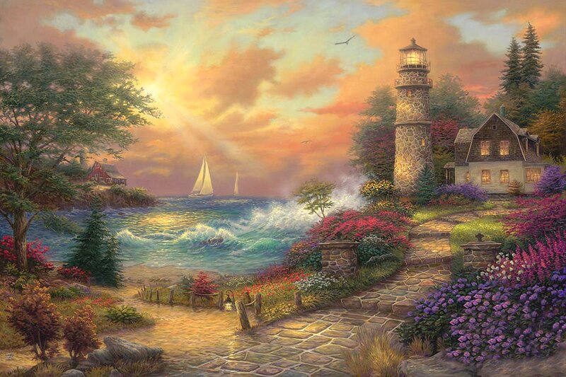 Lighthouse at Sunset — Orange, Serene, Painting, Sailboats, Flowers