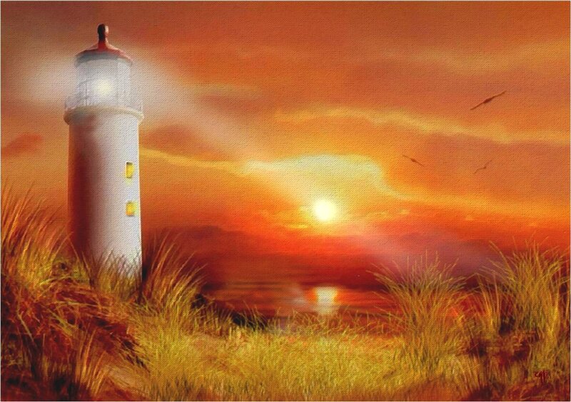 Lighthouse at Sunset — Orange, Serene, Painting, Sun