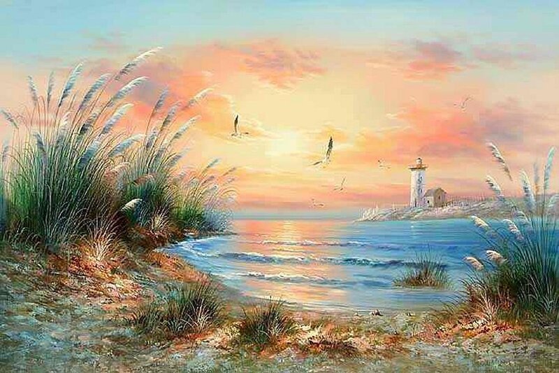 Lighthouse at Sunset — Orange, Serene, Painting