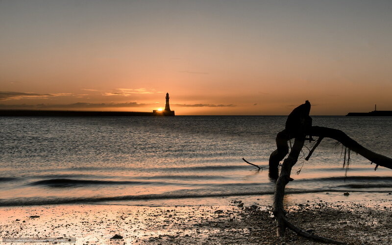 Lighthouse at Sunset — Orange, Serene, Photograph, Driftwood