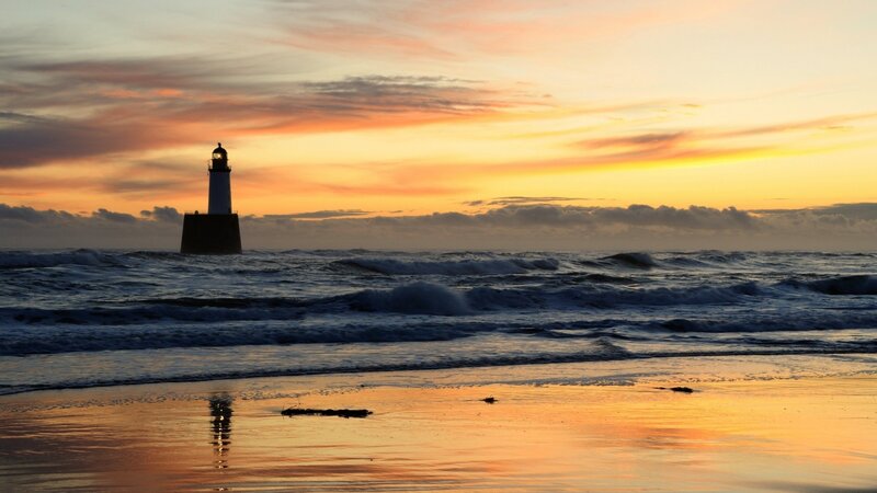 Lighthouse at Sunset — Orange, Serene, Photograph, Ocean, Beach