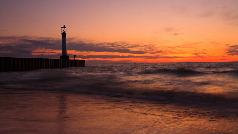 Lighthouse at Sunset — Orange, Serene, Photograph, Ocean, Pier