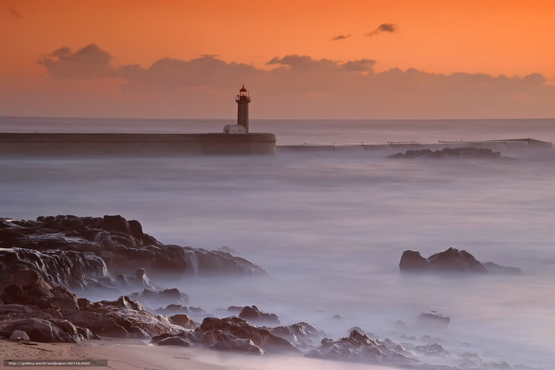 Lighthouse at Sunset — Orange, Serene, Photograph, Ocean, Rocks