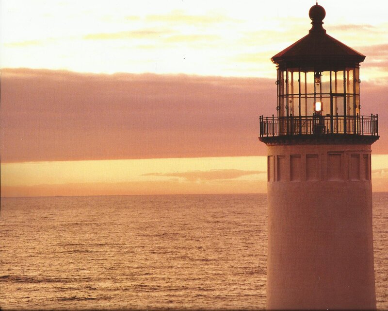 Lighthouse at Sunset — Orange, Serene, Photograph, Ocean, Sky, Light