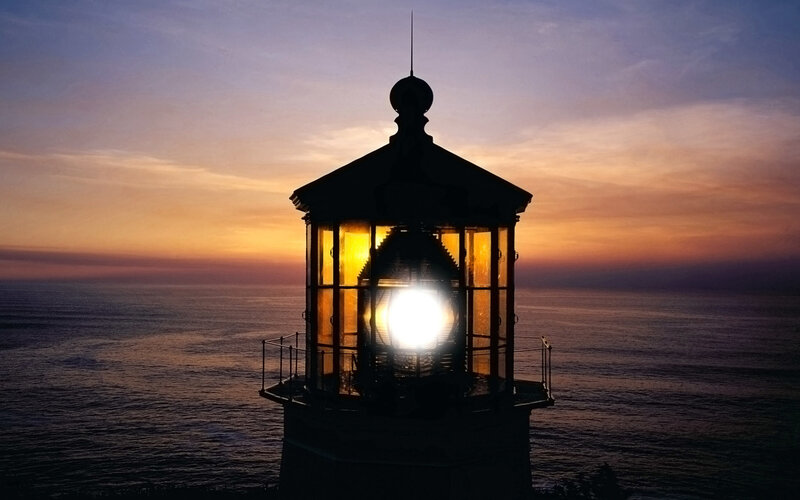 Lighthouse at Sunset — Orange, Serene, Photograph, Ocean, Sky