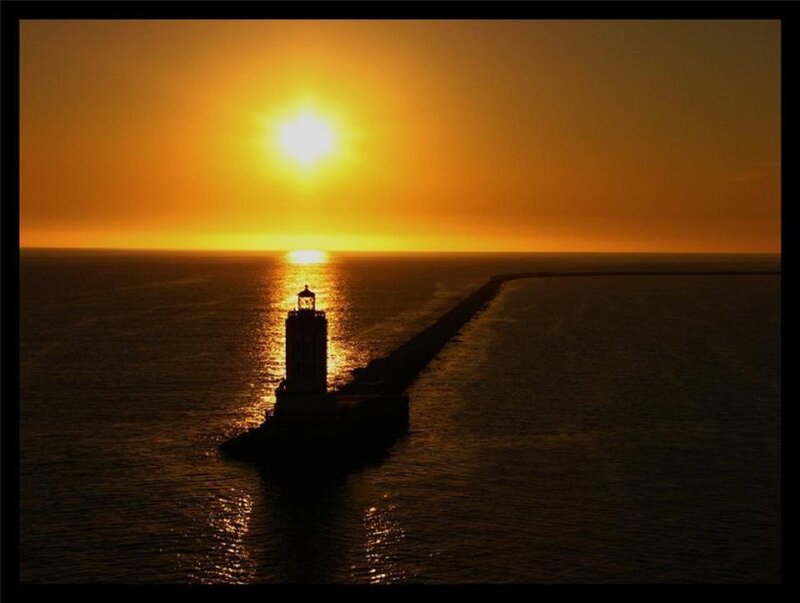 Lighthouse at Sunset — Orange, Serene, Photograph, Ocean, Sun, Pier
