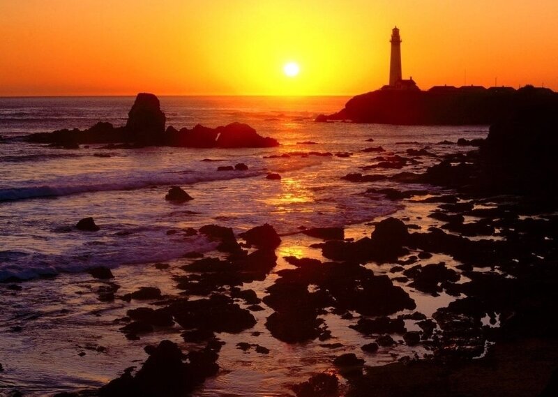 Lighthouse at Sunset — Orange, Serene, Photograph, Ocean