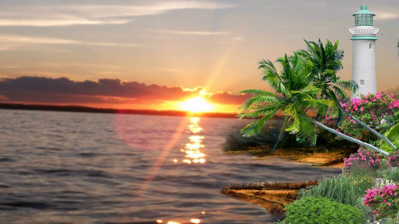 Lighthouse at Sunset — Orange, Serene, Photograph, Palm Tree
