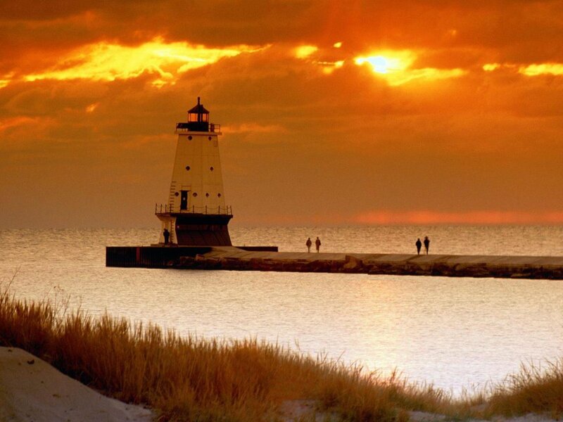 Lighthouse at Sunset — Orange, Serene, Photograph, People, Pier