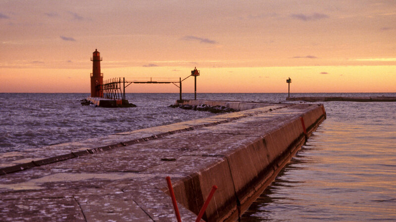 Lighthouse at Sunset — Orange, Serene, Photograph, Pier, Ocean
