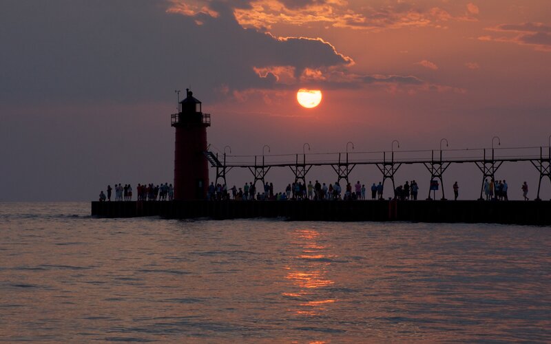 Lighthouse at Sunset — Orange, Serene, Photograph, Pier