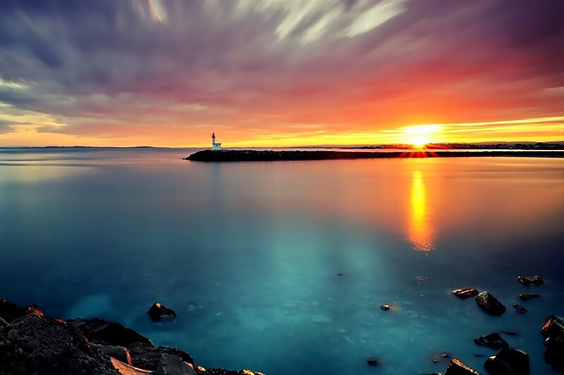 Lighthouse at Sunset — Orange, Serene, Photograph, Sea, Sky