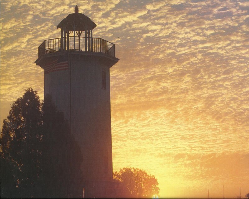 Lighthouse at Sunset — Orange, Serene, Photograph, Sky, Trees