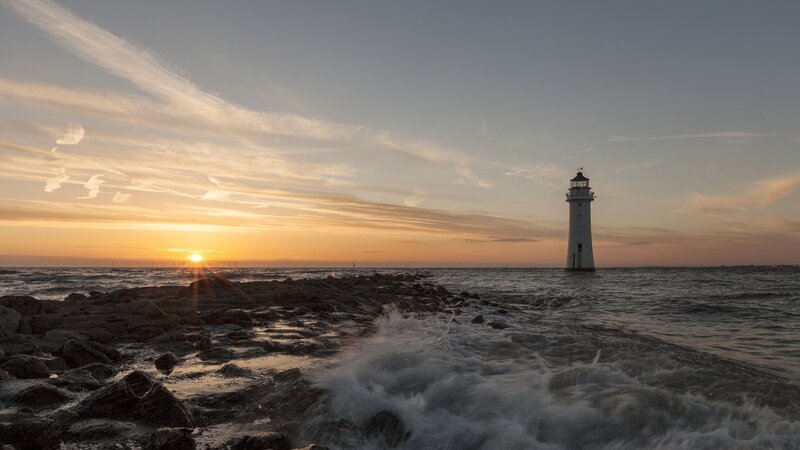 Lighthouse at Sunset — Orange, Serene, Photograph, Sun, Ocean