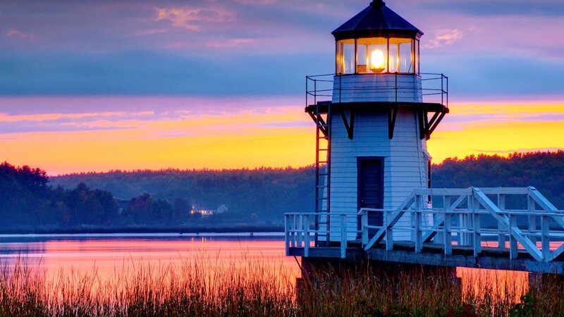 Lighthouse at Sunset — Orange, Serene, Photograph, Water