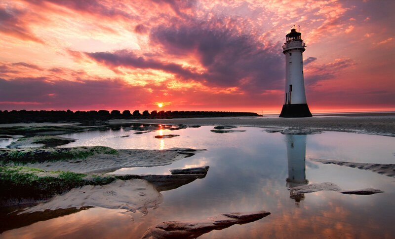 Lighthouse at Sunset — Pink, Dramatic, Photograph, Beach