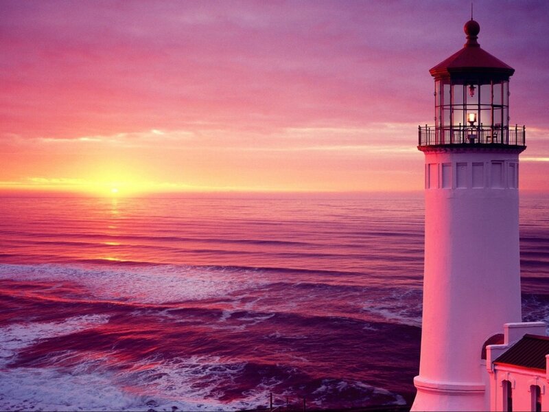 Lighthouse at Sunset — Pink, Dramatic, Photograph, Ocean