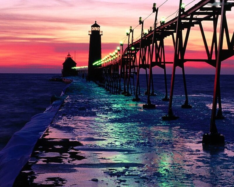 Lighthouse at Sunset — Pink, Dramatic, Photograph, Pier