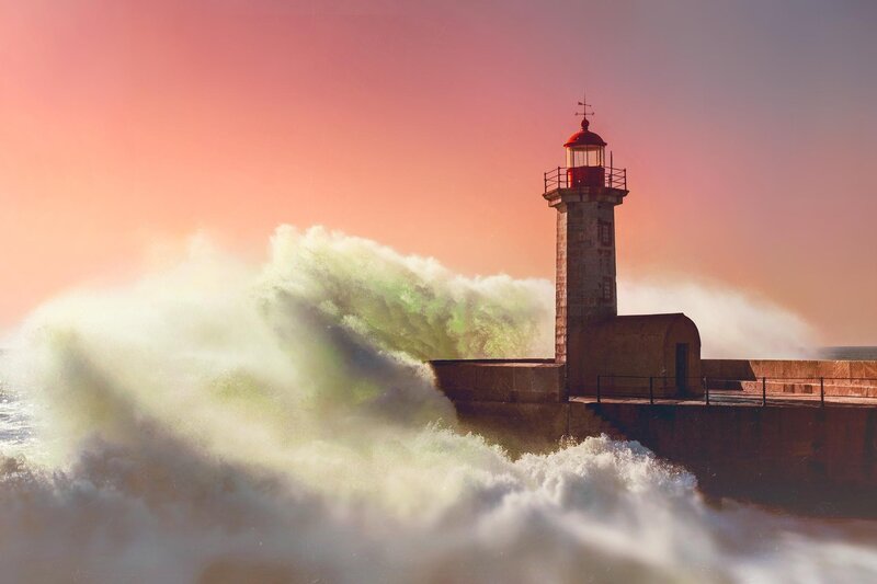 Lighthouse at Sunset — Pink, Dramatic, Photograph, Wave