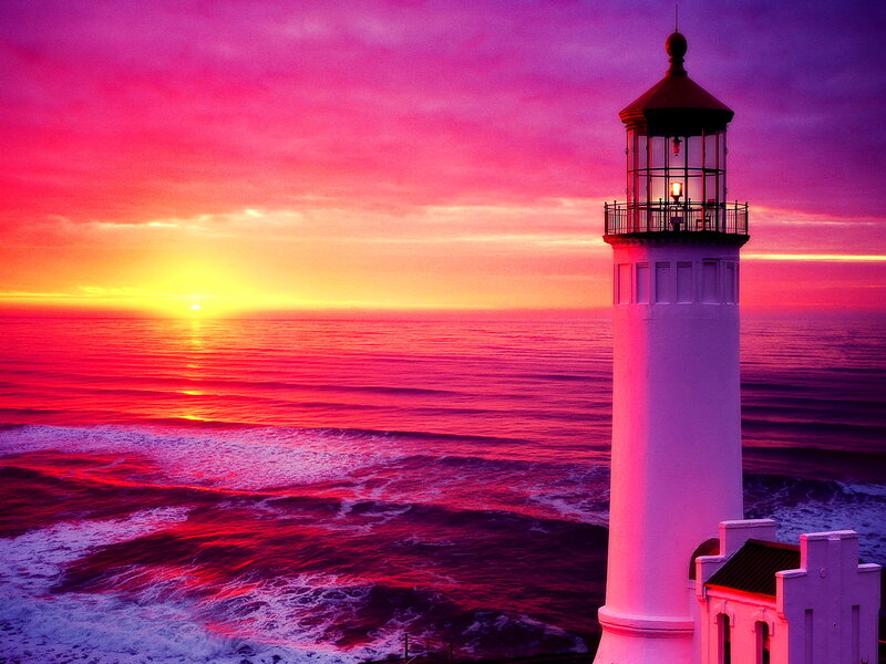 Lighthouse at Sunset — Pink, Dramatic