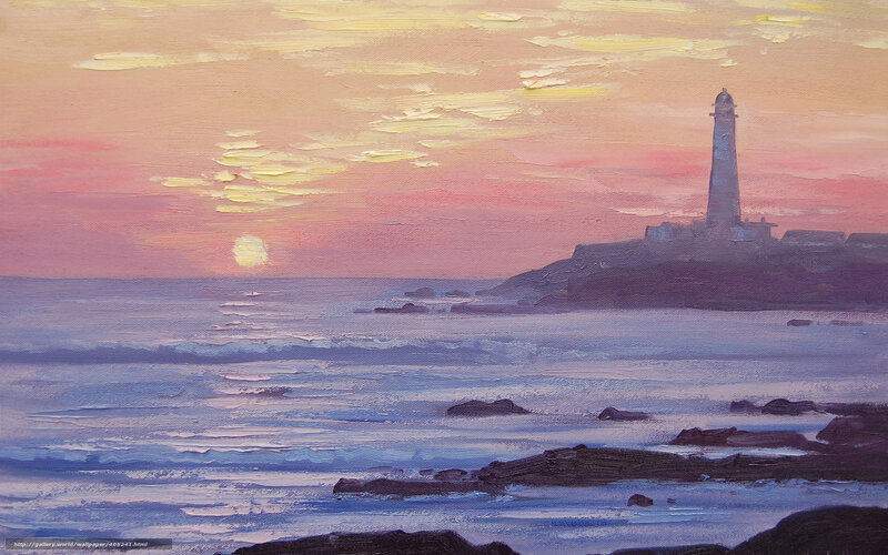 Lighthouse at Sunset — Pink, Serene, Painting