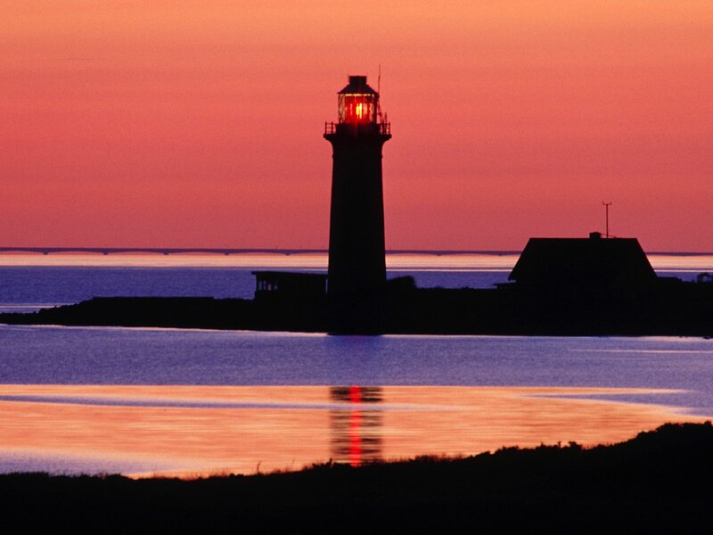 Lighthouse at Sunset — Pink, Serene, Photograph, Ocean, Sky