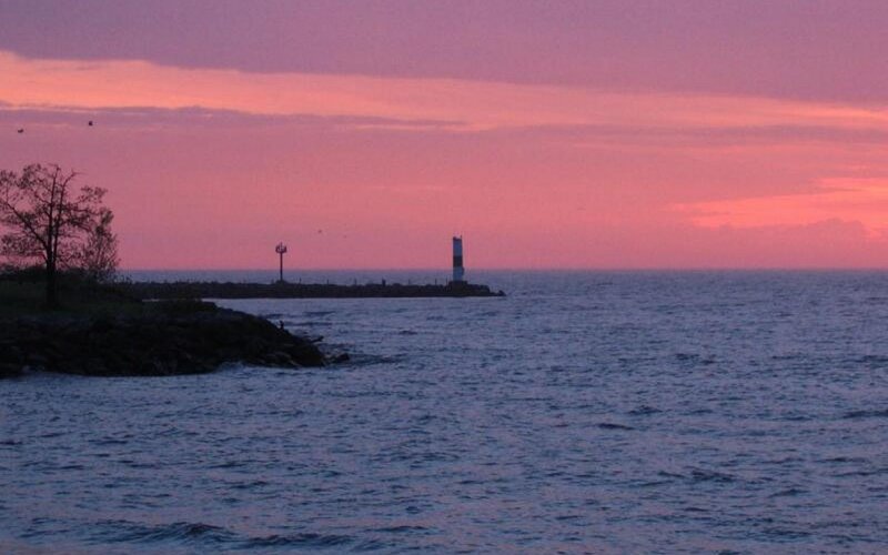 Lighthouse at Sunset — Pink, Serene, Photograph, Ocean, Sky, Tree, Purple