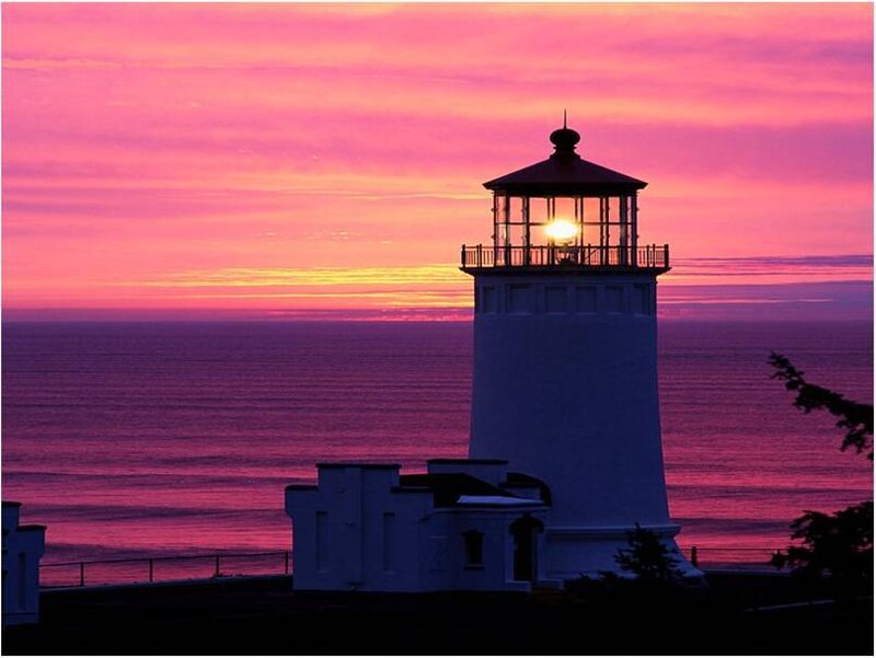 Lighthouse at Sunset — Pink, Serene, Photograph, Ocean, Sky, Tree