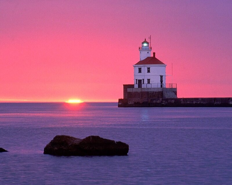 Lighthouse at Sunset — Pink, Serene, Photograph, Ocean, Sun, Rock, Purple