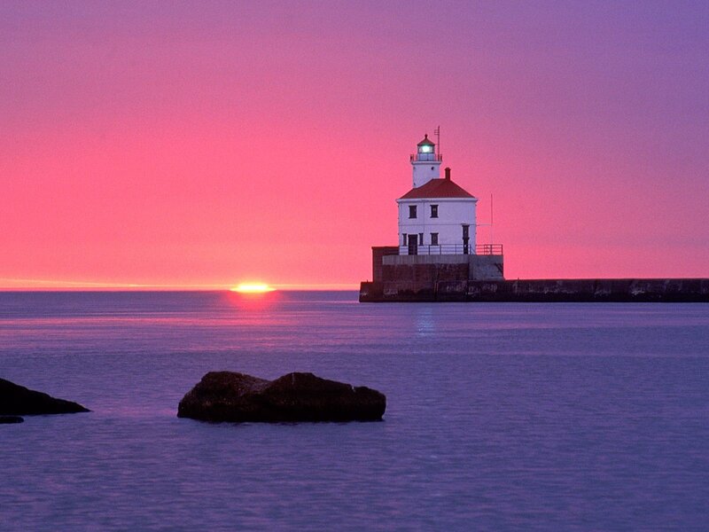 Lighthouse at Sunset — Pink, Serene, Photograph, Ocean, Sun