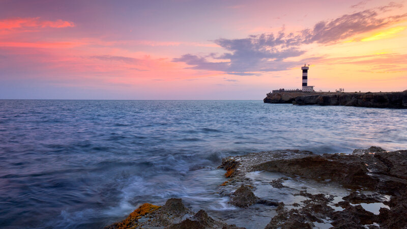 Lighthouse at Sunset — Pink, Serene, Photograph, Ocean