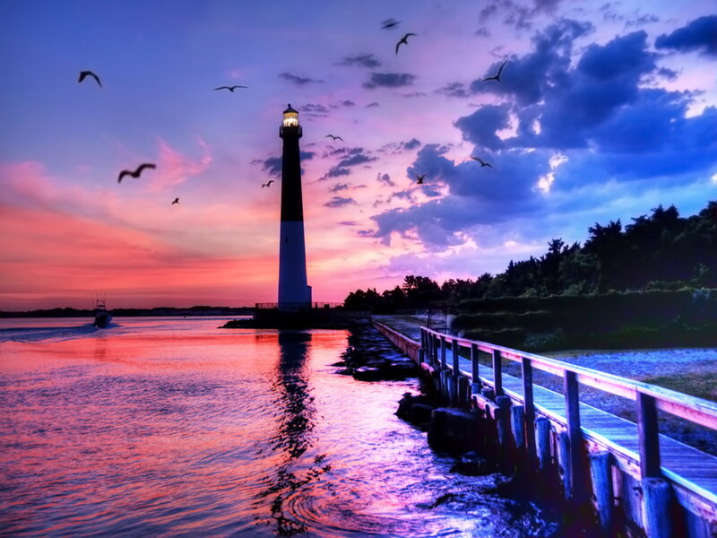 Lighthouse at Sunset — Purple, Dramatic, Photograph, Birds