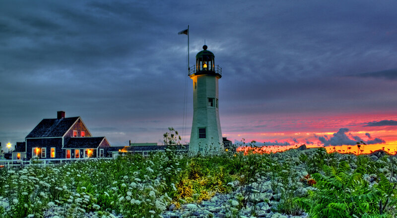 Lighthouse at Sunset — Purple, Dramatic, Photograph, House
