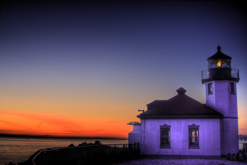 Lighthouse at Sunset — Purple, Dramatic, Photograph, Ocean, Sky, Building