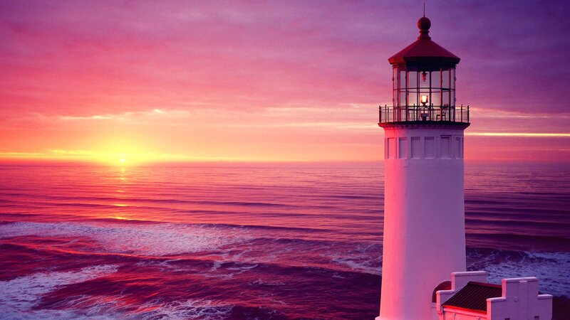 Lighthouse at Sunset — Purple, Dramatic, Photograph, Ocean, Sky, Sun