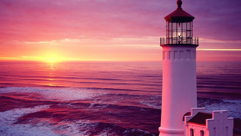 Lighthouse at Sunset — Purple, Dramatic, Photograph, Ocean, Sky