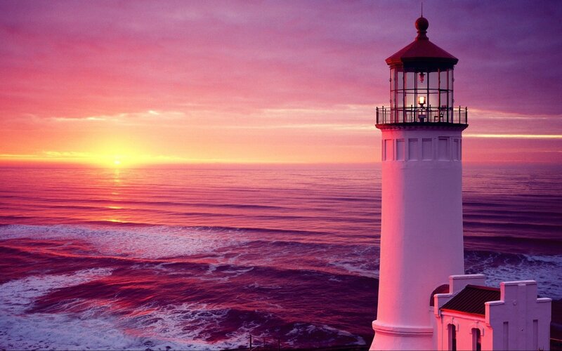 Lighthouse at Sunset — Purple, Dramatic, Photograph, Ocean, Sun, Sky, Pink