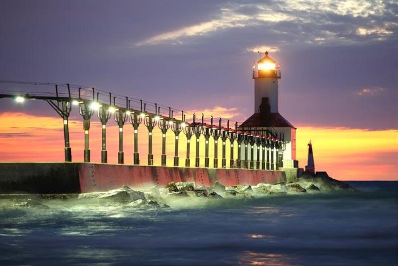 Lighthouse at Sunset — Purple, Dramatic, Photograph, Pier