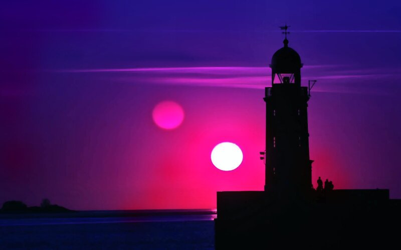 Lighthouse at Sunset — Purple, Dramatic, Photograph, Sea, Sky