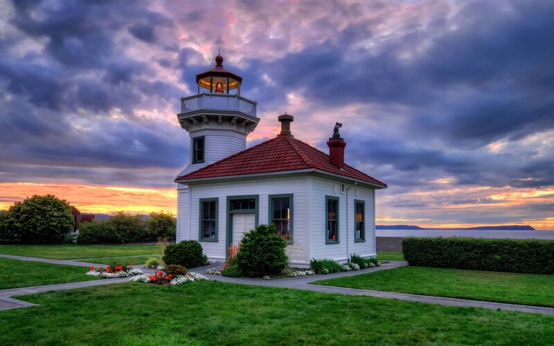 Lighthouse at Sunset — Purple, Dramatic, Photograph, Sky, Grass, Flowers