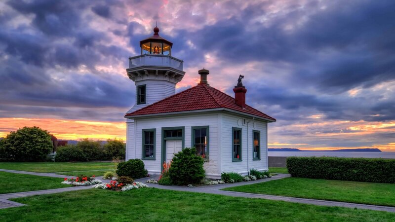 Lighthouse at Sunset — Purple, Dramatic, Photograph, Sky, Grass