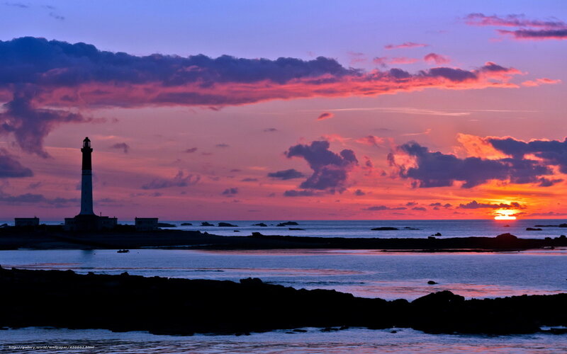 Lighthouse at Sunset — Purple, Dramatic, Photograph, Sun, Clouds