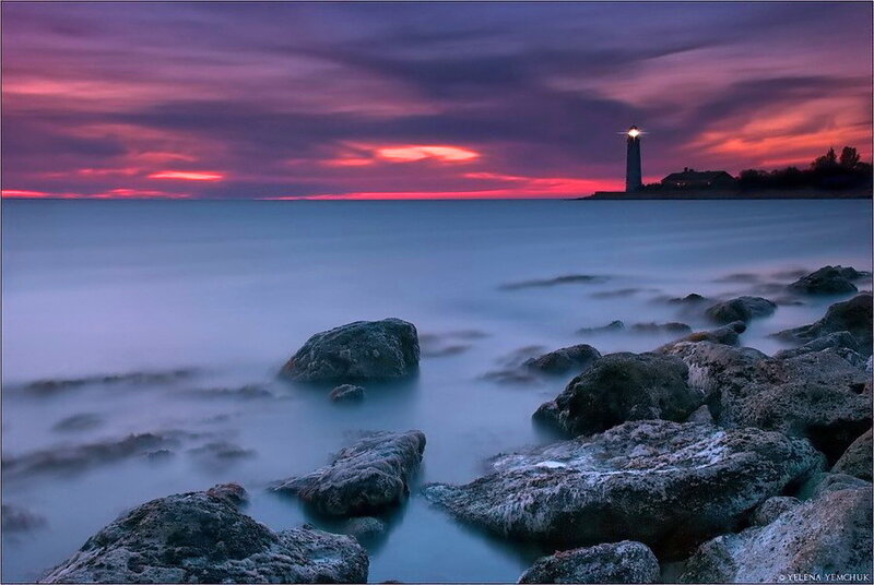 Lighthouse at Sunset — Purple, Dramatic, Photograph