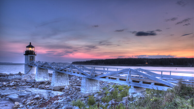 Lighthouse at Sunset — Purple, Serene, Photograph, Bridge