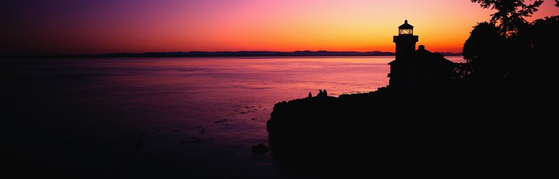 Lighthouse at Sunset — Purple, Serene, Photograph, Ocean, Cliff